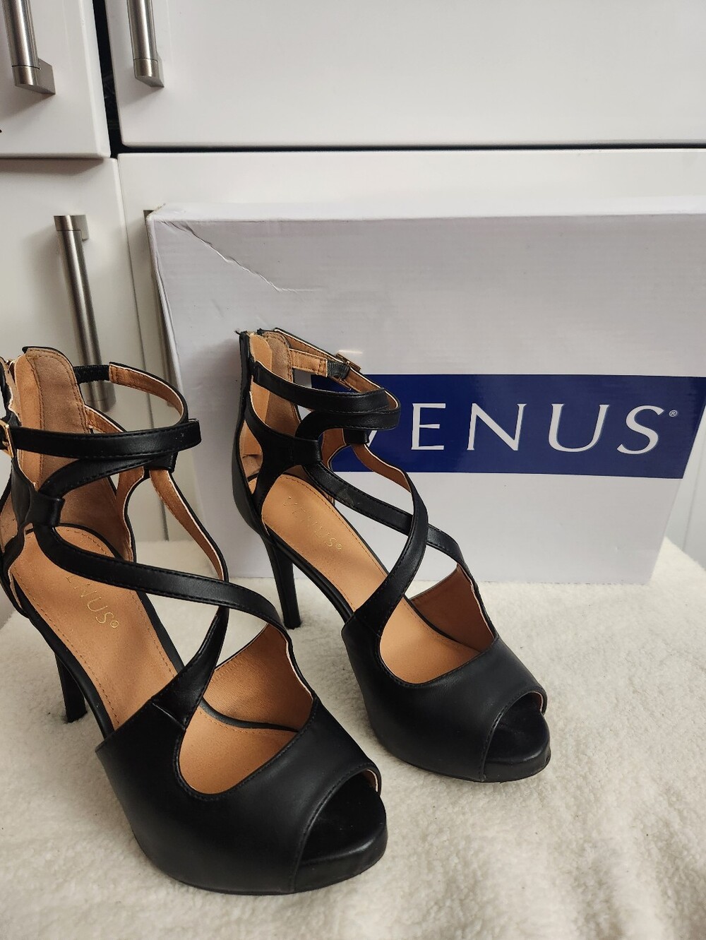 VENUS Black Strappy Peep-Toe High Heels